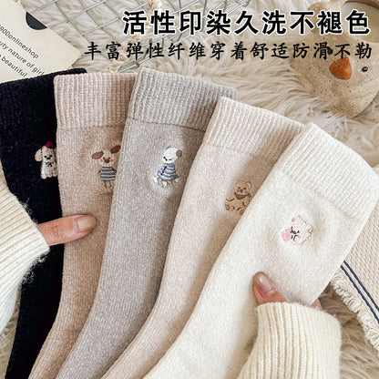 秋冬加厚保暖袜子女暖绒袜子卡通刺绣中筒袜堆堆袜地板袜
