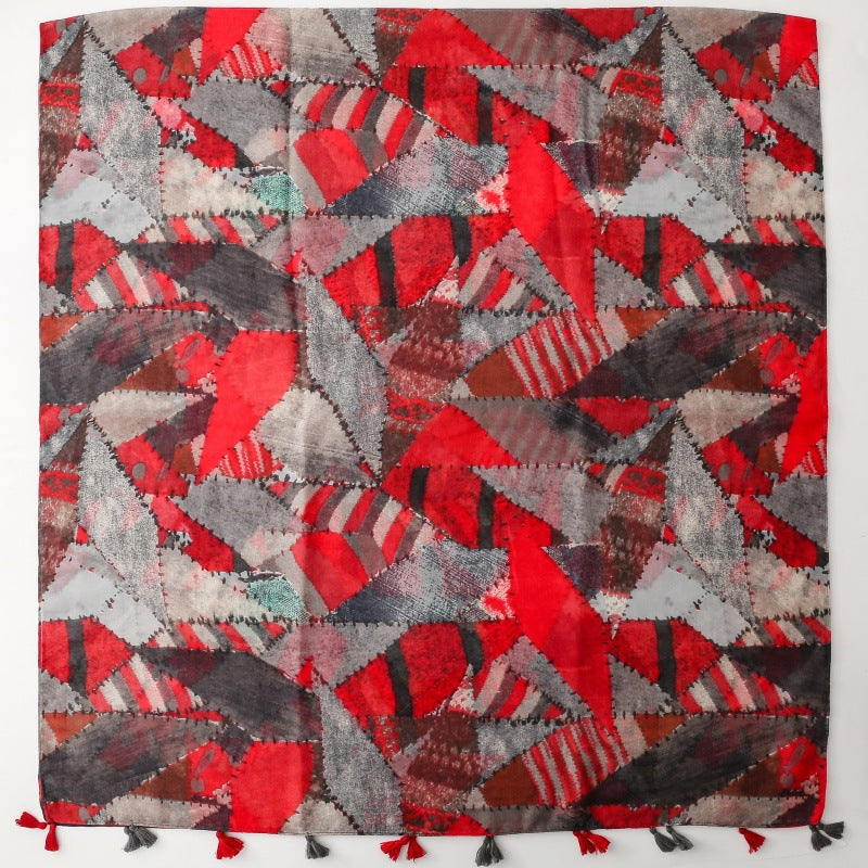 Mosaic Red Gray Geometric Mosaic Tassel Scarf, product detail view