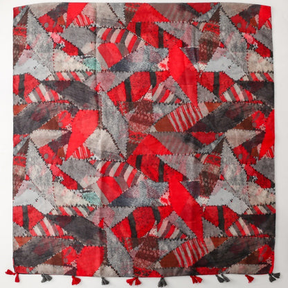 Mosaic Red Gray Geometric Mosaic Tassel Scarf, product detail view