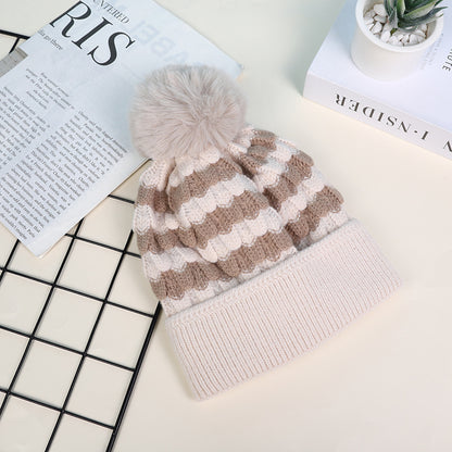 Haila - Women's Striped Fleece Lined Beanie with Pom
