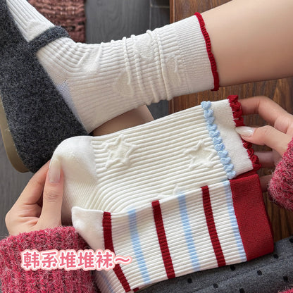 无骨袜子女秋季花边中筒袜撞色学院风百搭堆堆袜精致刺绣长筒棉袜