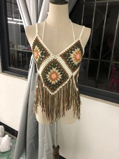 Crosa Bohemian Fringe Tassel Open-Knit Tank Top showing knit texture and tassel detail