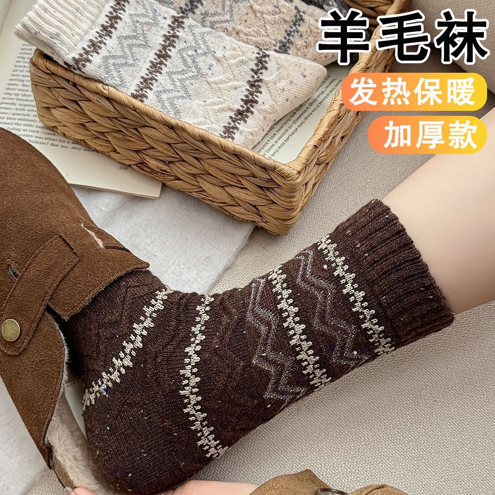 秋冬保暖羊毛袜复古风点子纱中筒袜女韩版堆堆袜子条纹袜批发