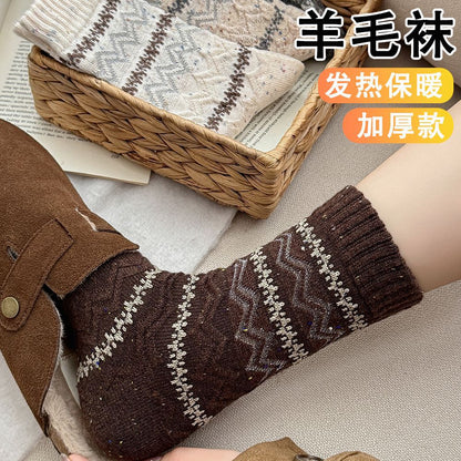 秋冬保暖羊毛袜复古风点子纱中筒袜女韩版堆堆袜子条纹袜批发