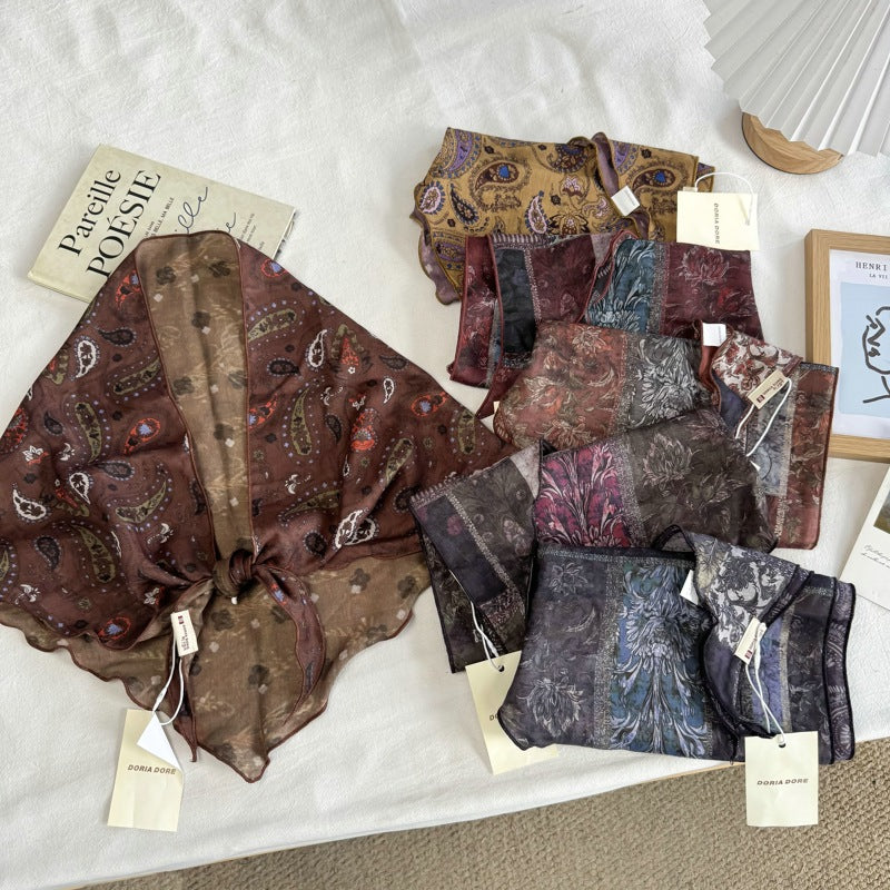 复古印花三角巾女腰巾装饰叠穿丝巾屁帘百搭包头巾春秋薄款民族风