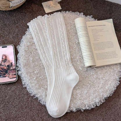 早秋新品小腿袜子女士秋季花边镂空慵懒风韩系堆堆袜配勃肯鞋长袜