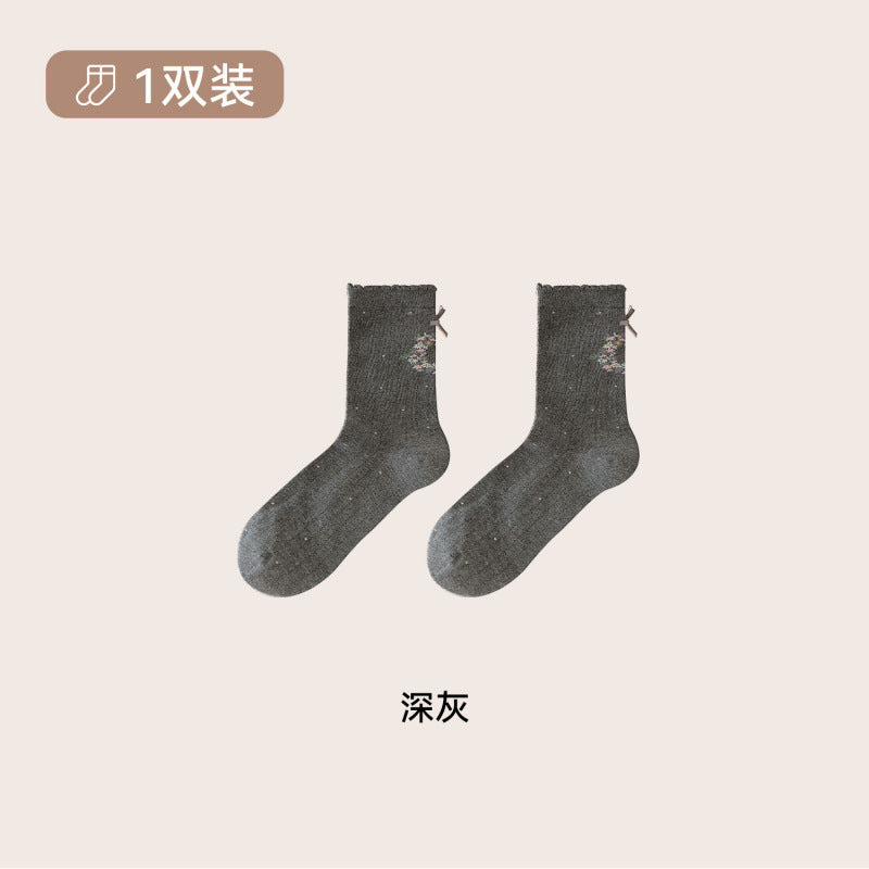 远润家秋冬小清新复古小花中筒袜子女秋少女风无骨堆堆女袜