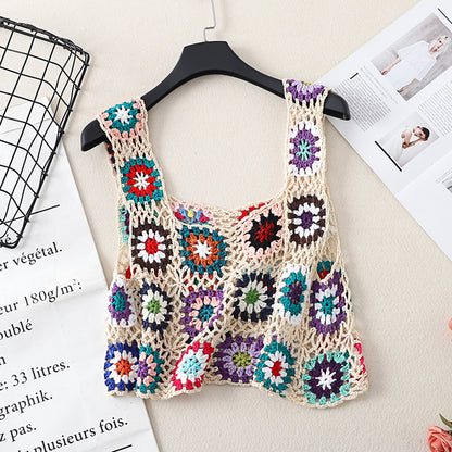 Flat lay of Crosa Boho Crochet Camisole Tank Top with focus on crochet pattern