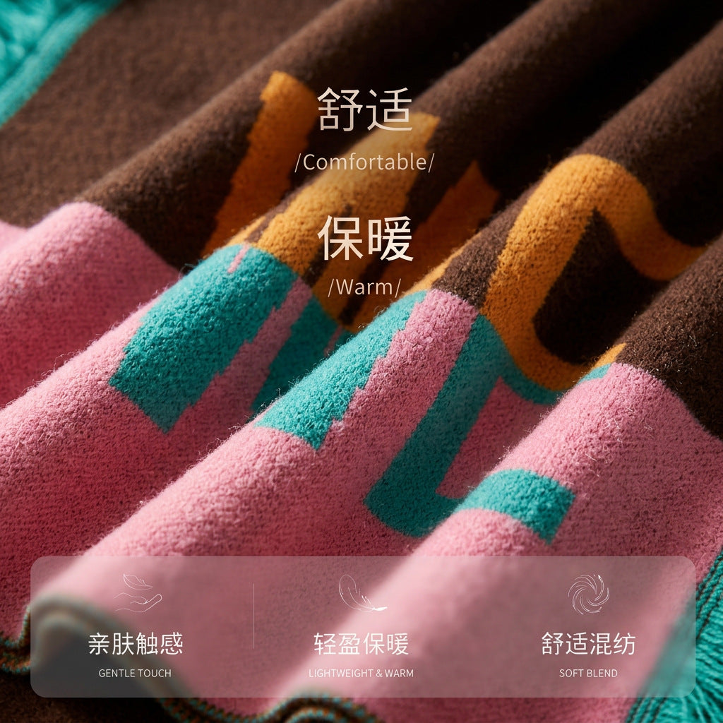 仿羊绒拼色字母围巾春秋加厚保暖流苏围脖女款百搭韩版时尚围巾