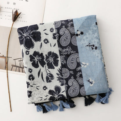 Paisley Blue Patchwork Paisley Tassel Wrap Scarf, product detail view