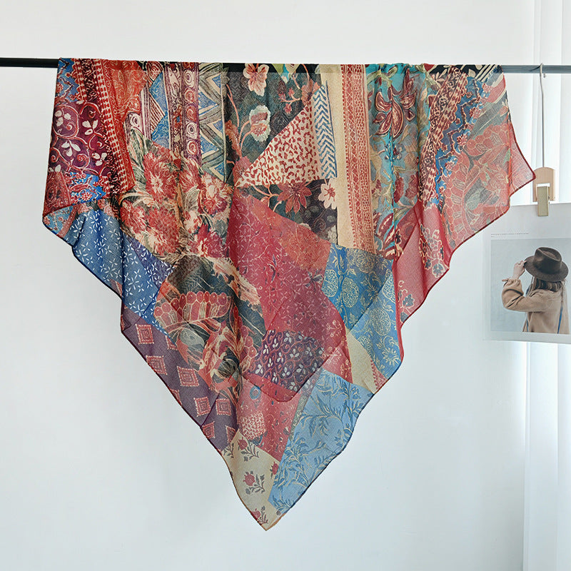 Scarvii - Floral Print Stitched Edge Square Scarf
