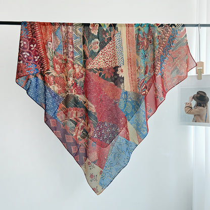 Scarvii - Floral Print Stitched Edge Square Scarf