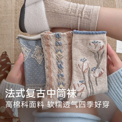远润家秋冬法式郁金香中筒袜子女复古立体花边田园无骨棉袜