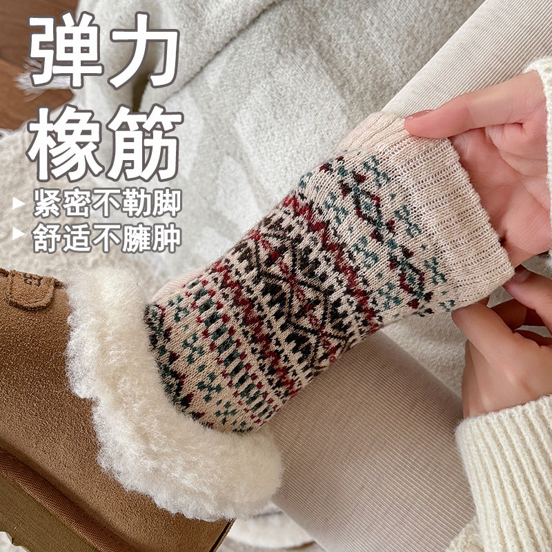 秋冬新款费尔岛羊毛袜加厚保暖长筒堆堆袜子女士搭雪地靴中筒袜