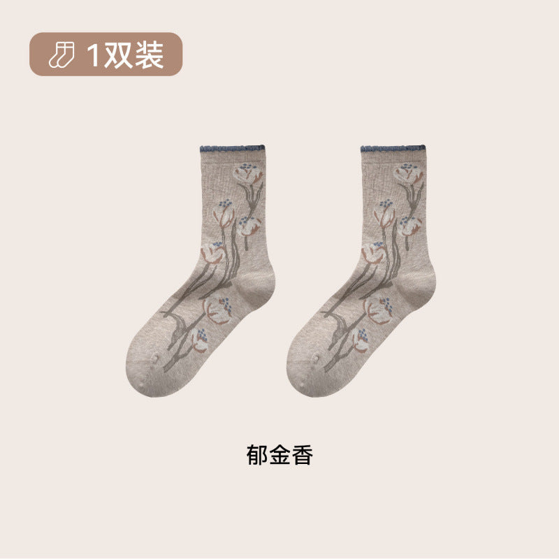 远润家秋冬法式郁金香中筒袜子女复古立体花边田园无骨棉袜