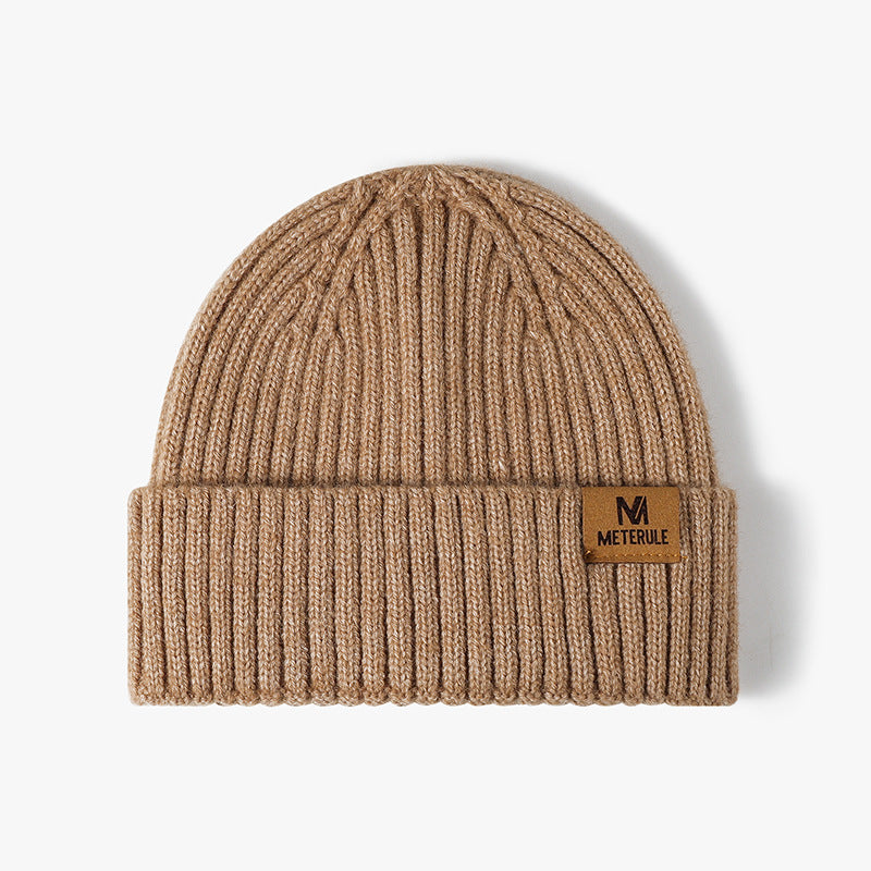 Brown label patch ribbed knit beanie
