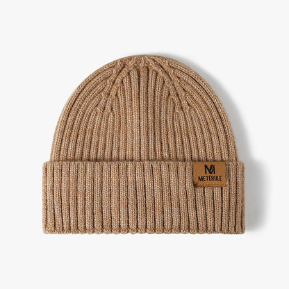 Brown label patch ribbed knit beanie