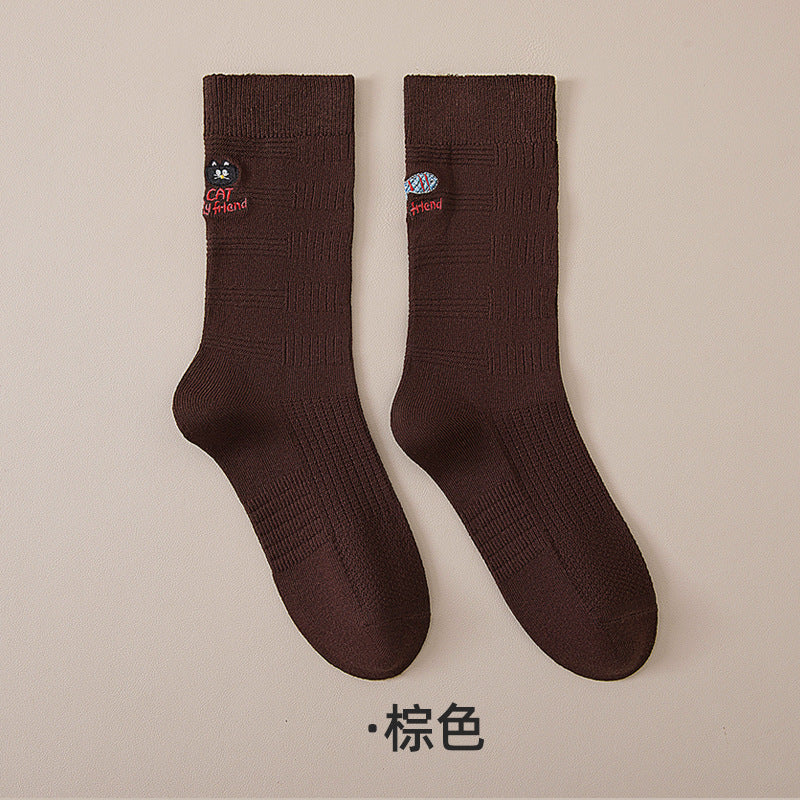 精梳棉袜子女美拉德秋冬季中筒日系堆堆袜卡通刺绣咖色双针中筒袜