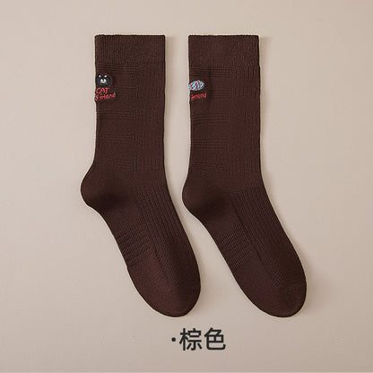 精梳棉袜子女美拉德秋冬季中筒日系堆堆袜卡通刺绣咖色双针中筒袜