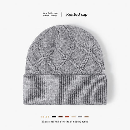 Black cable diamond faux rabbit knit beanie product view