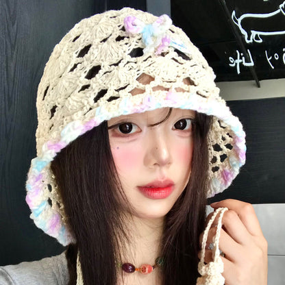 手工编织蝴蝶结流苏镂空包头帽女夏季薄款显脸小哲针织套头帽子