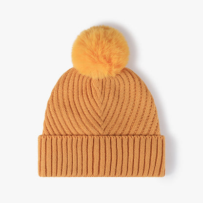 Orange Yellow pom-pom faux fur-lined cuffed knit beanie product view