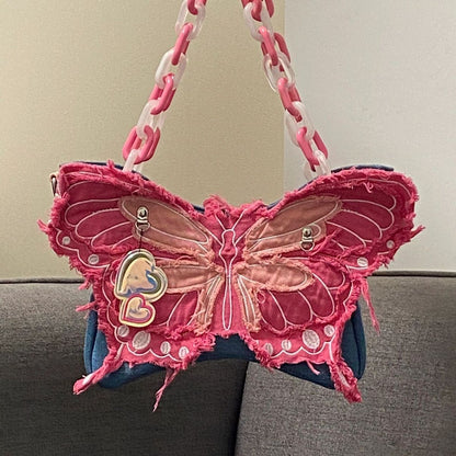 Cosbai - Denim Butterfly Tassel Shoulder Bag with Acrylic Chain