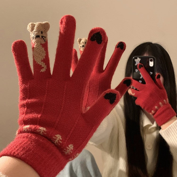新年红色分指手套女冬天学生可爱猫咪韩版加厚毛绒骑行保暖冬季潮