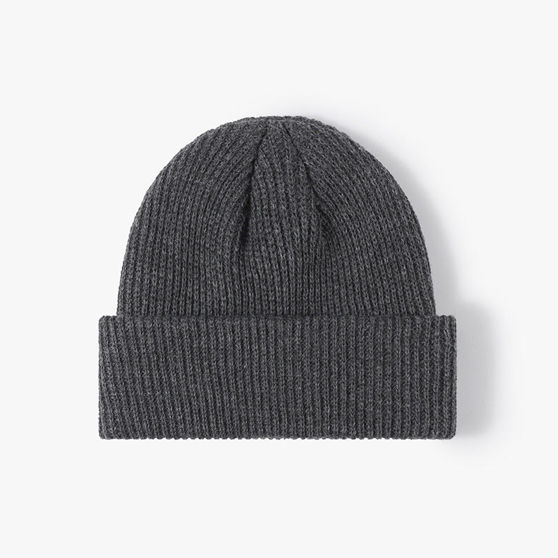 Gray solid ribbed cuffed acrylic knit beanie product view