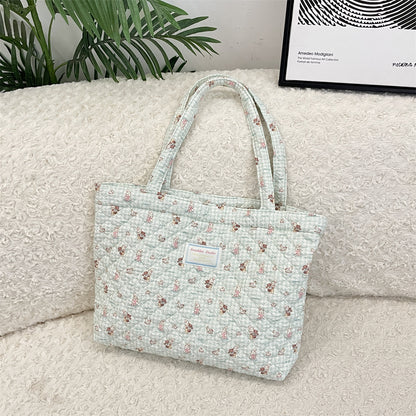 Cosbai - Floral Quilted Tote Bag with Cartoon Pattern