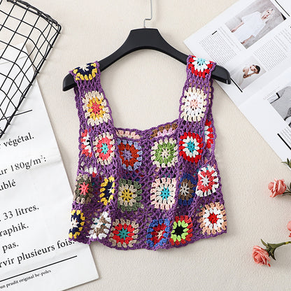 Side angle of Crosa Boho Crochet Camisole Tank Top showing silhouette