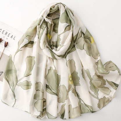 Green Watercolor Poppy Floral Wrap Scarf, draped front view