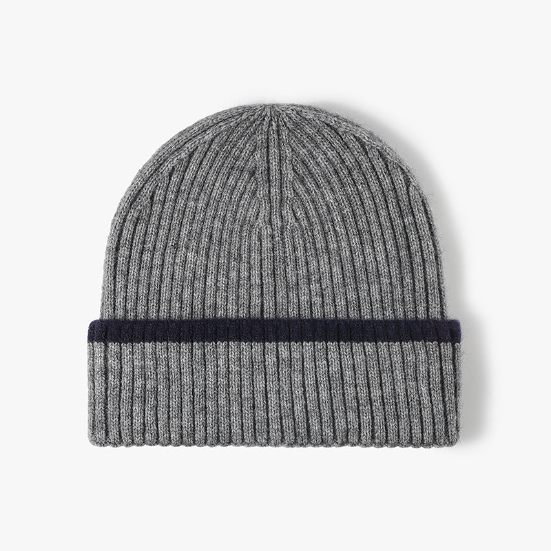 Dark Gray contrast stripe ribbed cuffed knit beanie product view