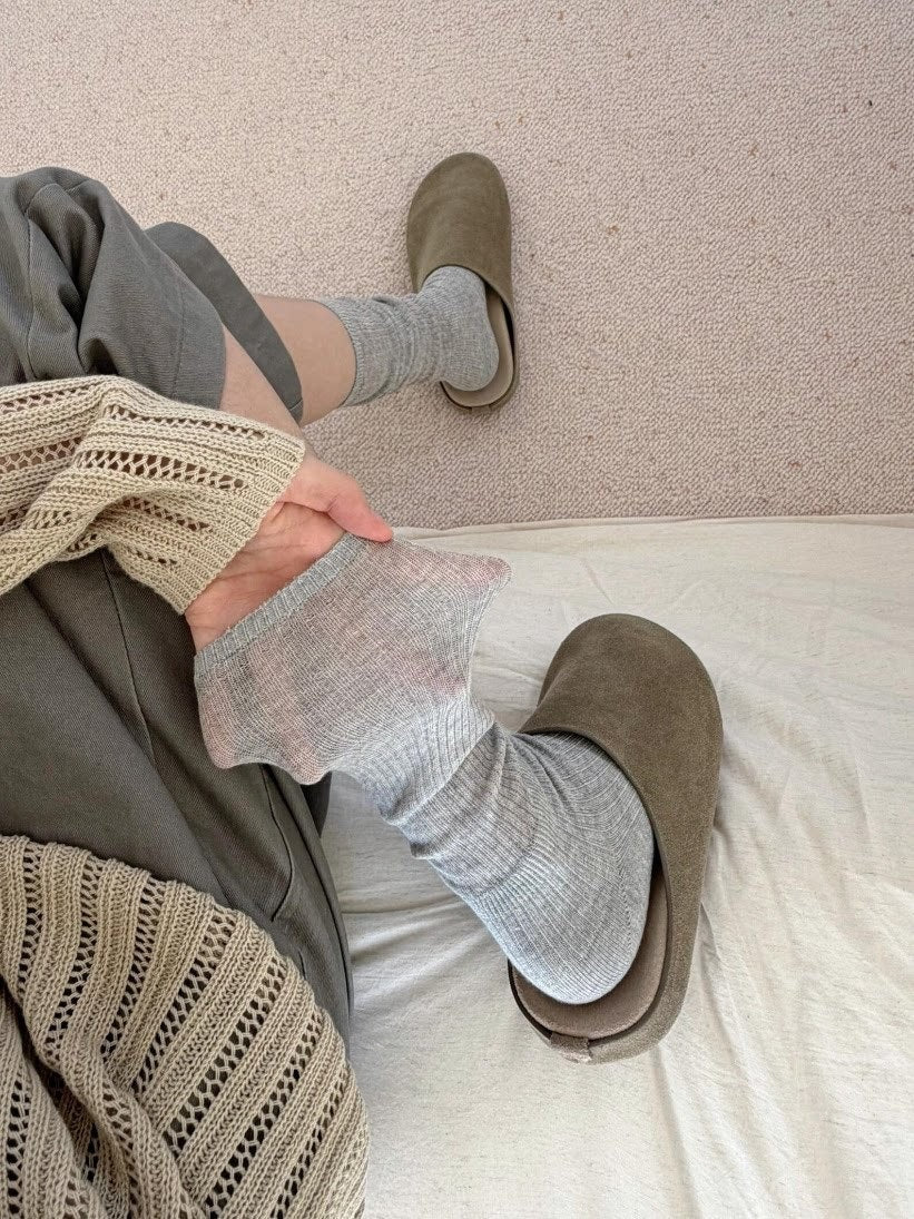 Rufia - Solid Color Ribbed-Cuff Socks