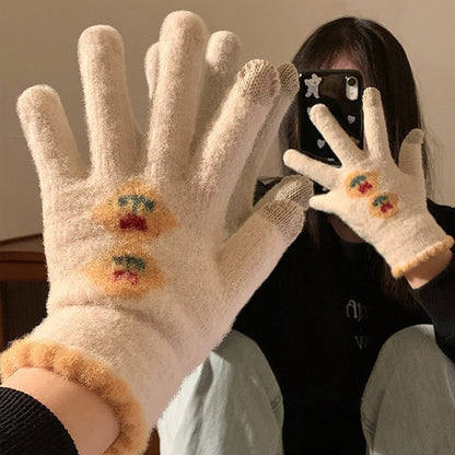 可爱毛绒触屏针织五指手套女冬季保暖加绒加厚学生防寒冻骑行骑车