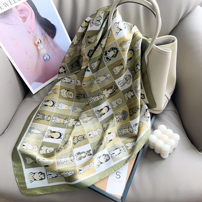 卡通格纹小方巾缎面顺滑丝巾彩色包边领巾女款百搭装饰潮流配饰