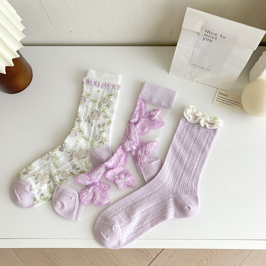 Rufia - Purple Butterfly Floral Sheer Socks