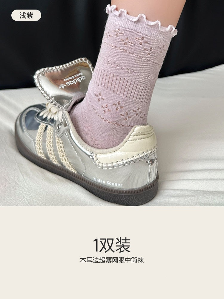 白色袜子女夏季薄款纯棉中筒袜无骨堆堆袜木耳花边抑菌夏天长袜