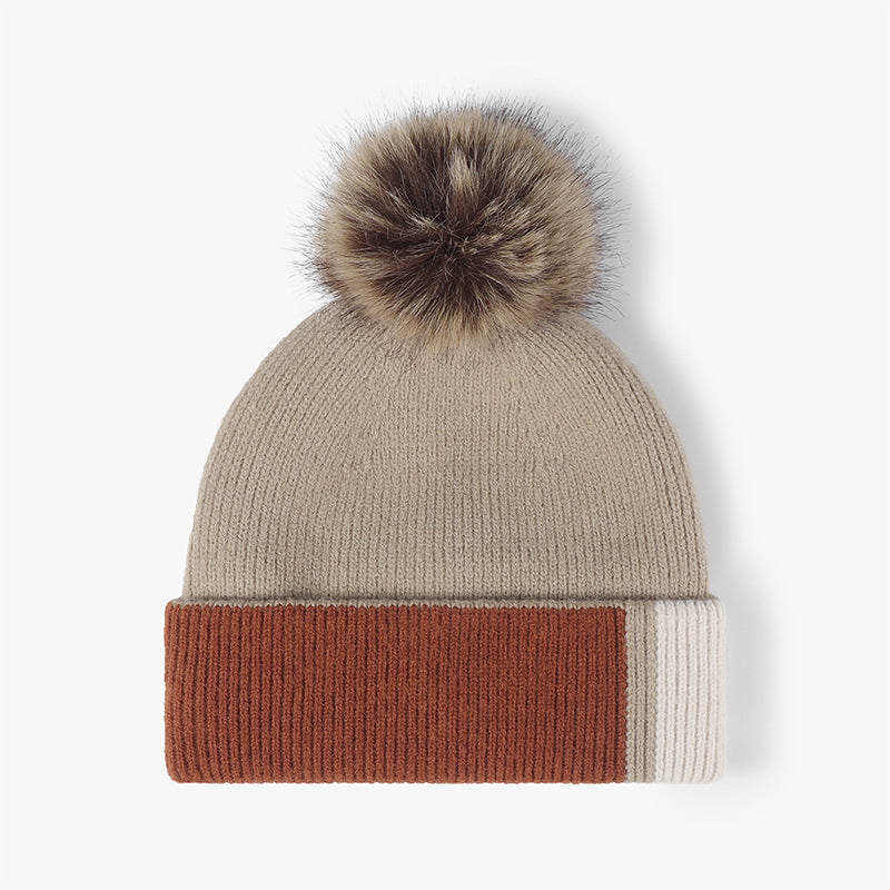 Brown colorblock plush lined pom knit beanie
