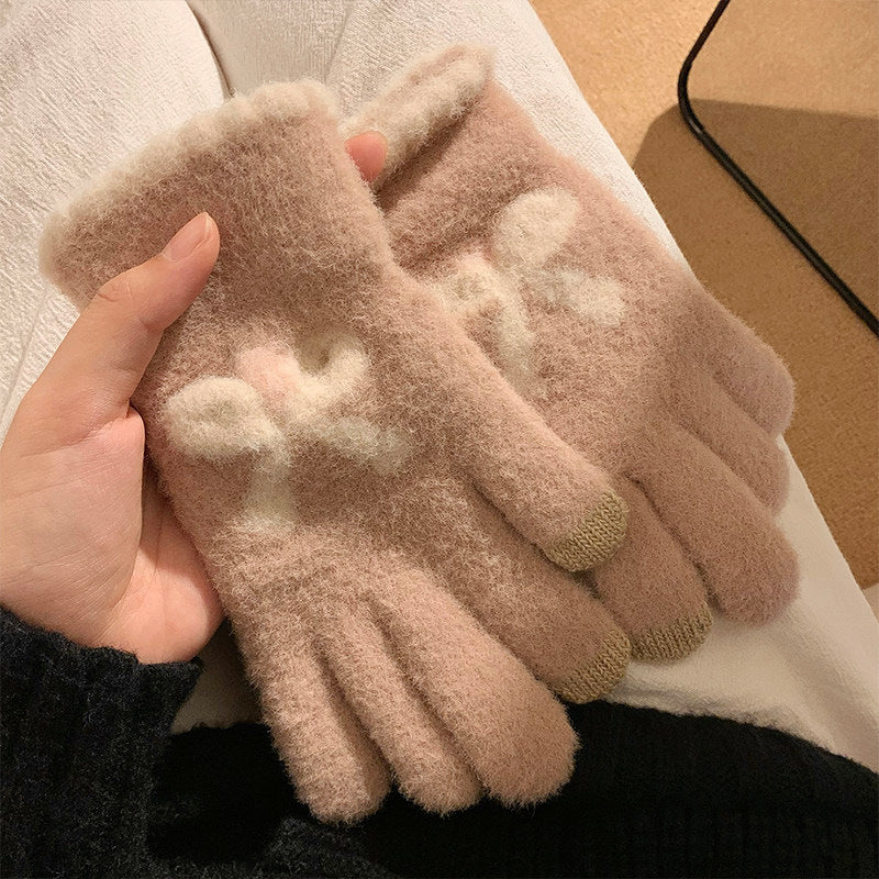 蝴蝶结分指手套女冬季ins加绒加厚毛绒保暖骑行针织可爱少女潮