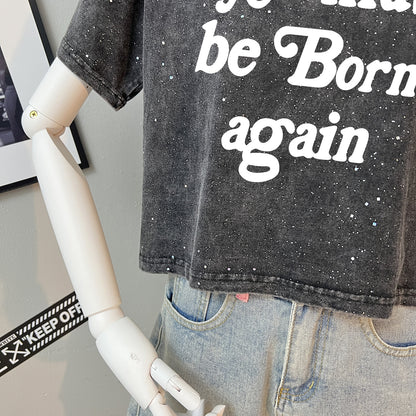 Teesher - Cropped Black Star & Letter Print T-Shirt