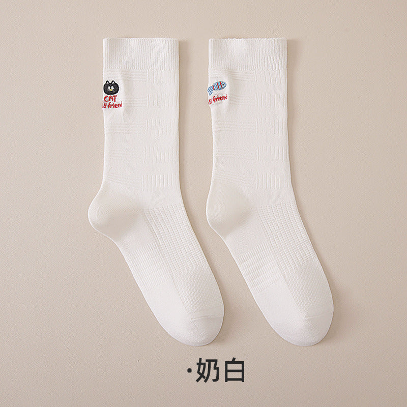 精梳棉袜子女美拉德秋冬季中筒日系堆堆袜卡通刺绣咖色双针中筒袜