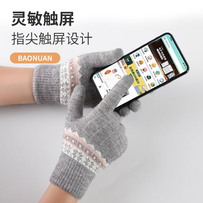 厂家直供针织手套女保暖冬季双层加绒加厚毛线提花学生触屏防寒
