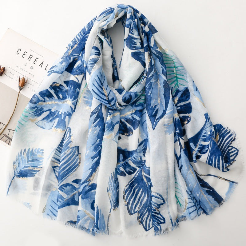 Blue tropical leaf foil wrap scarf product view