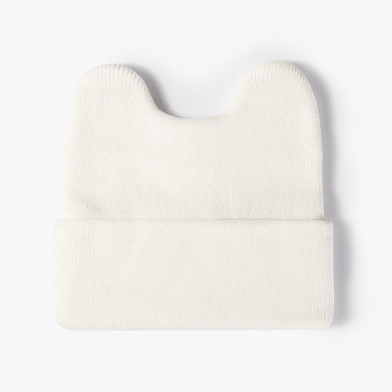 White rounded ear cuffed knit beanie product view