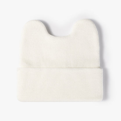 White rounded ear cuffed knit beanie product view