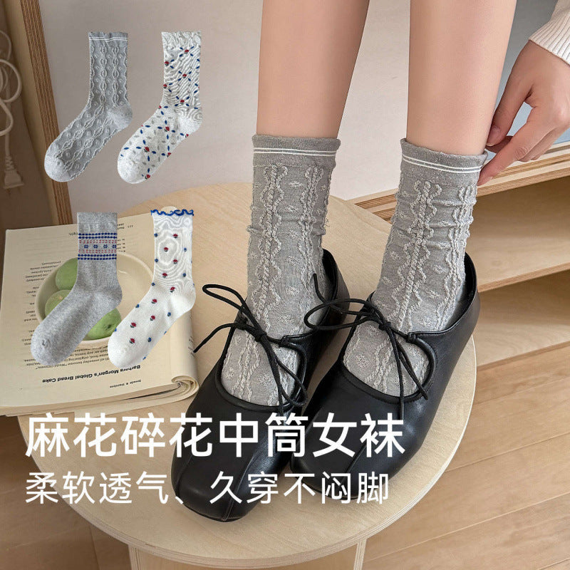 远润家秋冬新款麻灰碎花中筒女袜立体浮雕韩系花边无骨堆堆