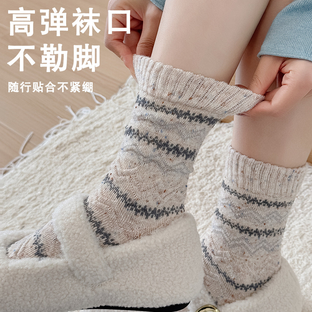 秋冬保暖羊毛袜复古风点子纱中筒袜女韩版堆堆袜子条纹袜批发