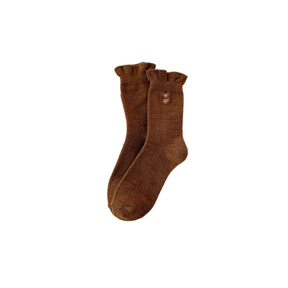 秋冬保暖袜子女中筒袜加绒加厚刺绣花边堆堆袜可爱中筒袜子堆堆袜