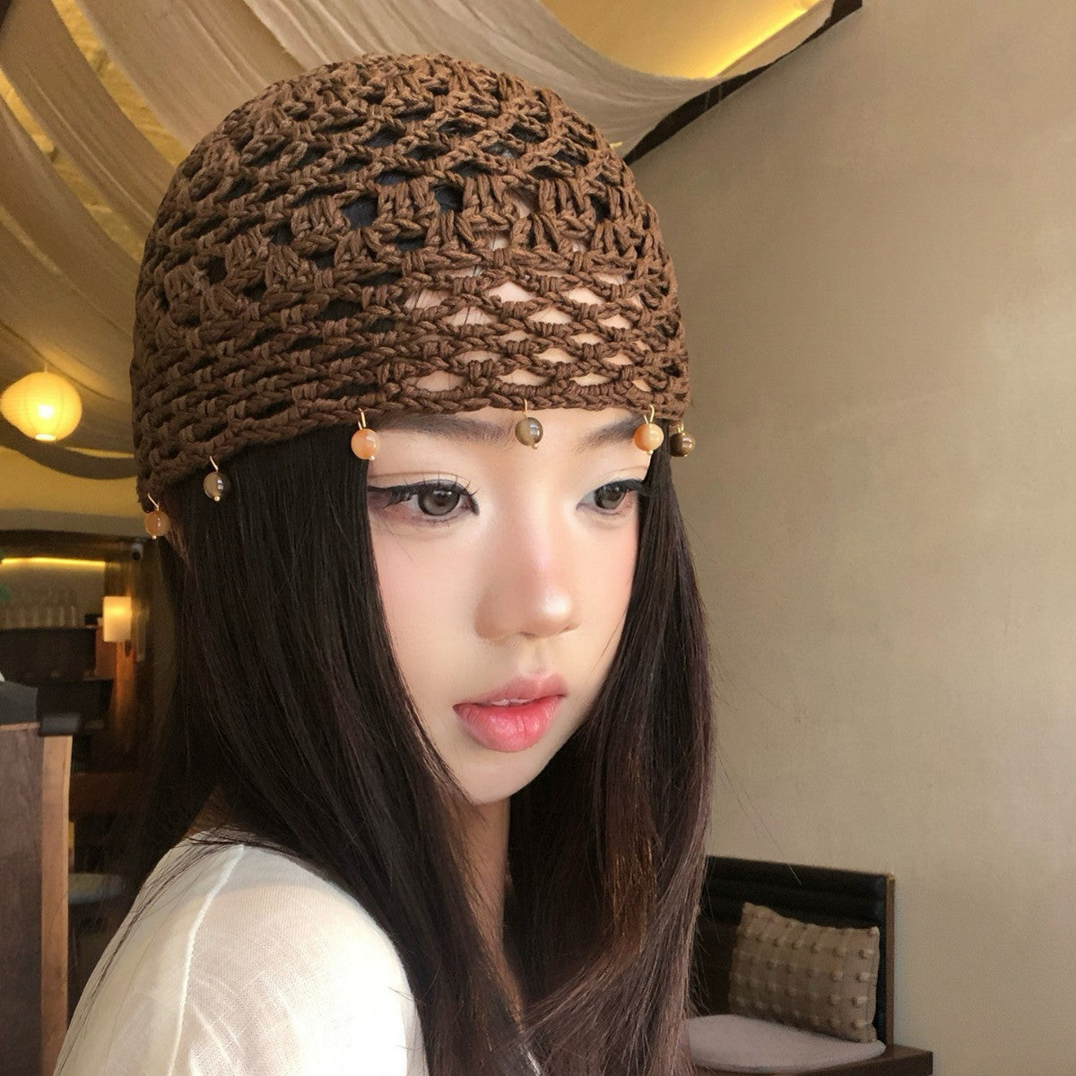 Haila - Solid Color Openwork Bead Charm Beanie